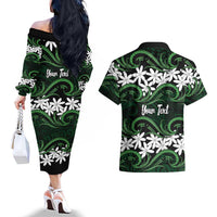 Personalised Cook Islands Mitiaro Couples Matching Off The Shoulder Long Sleeve Dress and Hawaiian Shirt Tiare Maori Polynesian Waves Tattoo