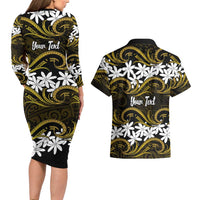 Personalised Cook Islands Manihiki Couples Matching Long Sleeve Bodycon Dress and Hawaiian Shirt Tiare Maori Polynesian Waves Tattoo
