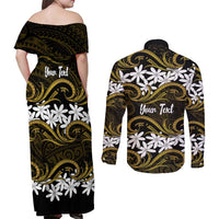 Personalised Cook Islands Manihiki Couples Matching Off Shoulder Maxi Dress and Long Sleeve Button Shirt Tiare Maori Polynesian Waves Tattoo