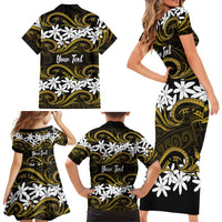 Personalised Cook Islands Manihiki Family Matching Short Sleeve Bodycon Dress and Hawaiian Shirt Tiare Maori Polynesian Waves Tattoo