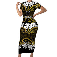 Personalised Cook Islands Manihiki Family Matching Short Sleeve Bodycon Dress and Hawaiian Shirt Tiare Maori Polynesian Waves Tattoo