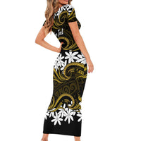 Personalised Cook Islands Manihiki Family Matching Short Sleeve Bodycon Dress and Hawaiian Shirt Tiare Maori Polynesian Waves Tattoo