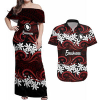 Personalised Cook Islands Atiu Enuamanu Couples Matching Off Shoulder Maxi Dress and Hawaiian Shirt Tiare Maori Polynesian Waves Tattoo