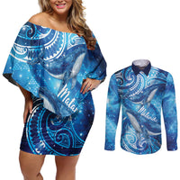 New Zealand Humpback Whale Matariki Couples Matching Off Shoulder Short Dress and Long Sleeve Button Shirt Maori New Year Taniko Niho Taniwha