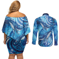 New Zealand Humpback Whale Matariki Couples Matching Off Shoulder Short Dress and Long Sleeve Button Shirt Maori New Year Taniko Niho Taniwha