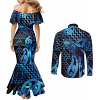Humpback Whale Matariki New Zealand Couples Matching Mermaid Dress and Long Sleeve Button Shirt NZ Maori Paikea Poutama Luxury Blue