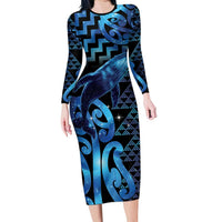 Humpback Whale Matariki New Zealand Family Matching Long Sleeve Bodycon Dress and Hawaiian Shirt NZ Maori Paikea Poutama Luxury Blue