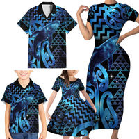 Humpback Whale Matariki New Zealand Family Matching Short Sleeve Bodycon Dress and Hawaiian Shirt NZ Maori Paikea Poutama Luxury Blue