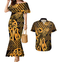 Humpback Whale Matariki New Zealand Couples Matching Mermaid Dress and Hawaiian Shirt NZ Maori Paikea Poutama Luxury Gold