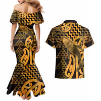 Humpback Whale Matariki New Zealand Couples Matching Mermaid Dress and Hawaiian Shirt NZ Maori Paikea Poutama Luxury Gold