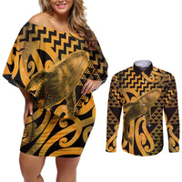 Humpback Whale Matariki New Zealand Couples Matching Off Shoulder Short Dress and Long Sleeve Button Shirt NZ Maori Paikea Poutama Luxury Gold