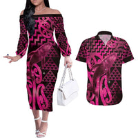 Humpback Whale Matariki New Zealand Couples Matching Off The Shoulder Long Sleeve Dress and Hawaiian Shirt NZ Maori Paikea Poutama Luxury Pink