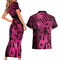 Humpback Whale Matariki New Zealand Couples Matching Short Sleeve Bodycon Dress and Hawaiian Shirt NZ Maori Paikea Poutama Luxury Pink