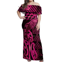 Humpback Whale Matariki New Zealand Off Shoulder Maxi Dress NZ Maori Paikea Poutama Luxury Pink