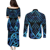 Taniko Motifs Matariki New Zealand Couples Matching Puletasi and Long Sleeve Button Shirt NZ Niho Taniwha Poutama