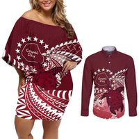 Cook Islands Mangaia Gospel Day Couples Matching Off Shoulder Short Dress and Long Sleeve Button Shirt Polynesian Art With Sea Turtle