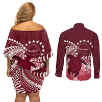 Cook Islands Mangaia Gospel Day Couples Matching Off Shoulder Short Dress and Long Sleeve Button Shirt Polynesian Art With Sea Turtle