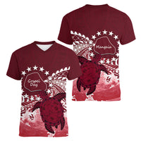 Cook Islands Mangaia Gospel Day Women V-Neck T-Shirt Polynesian Art With Sea Turtle