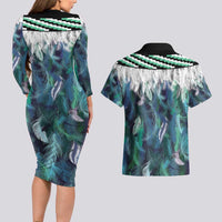 Aotearoa Korowai Motif Couples Matching Long Sleeve Bodycon Dress and Hawaiian Shirt Hei Tiki Poutama Maori Pattern