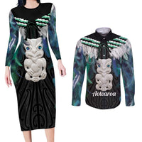 Aotearoa Korowai Motif Couples Matching Long Sleeve Bodycon Dress and Long Sleeve Button Shirt Hei Tiki Poutama Maori Pattern
