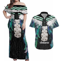 Aotearoa Korowai Motif Couples Matching Off Shoulder Maxi Dress and Hawaiian Shirt Hei Tiki Poutama Maori Pattern