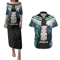 Aotearoa Korowai Motif Couples Matching Puletasi and Hawaiian Shirt Hei Tiki Poutama Maori Pattern
