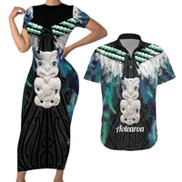 Aotearoa Korowai Motif Couples Matching Short Sleeve Bodycon Dress and Hawaiian Shirt Hei Tiki Poutama Maori Pattern