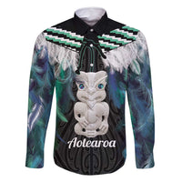 Aotearoa Korowai Motif Family Matching Long Sleeve Bodycon Dress and Hawaiian Shirt Hei Tiki Poutama Maori Pattern LT14 Dad's Shirt - Long Sleeve Turquoise - Polynesian Pride