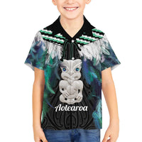 Aotearoa Korowai Motif Family Matching Long Sleeve Bodycon Dress and Hawaiian Shirt Hei Tiki Poutama Maori Pattern LT14 Son's Shirt Turquoise - Polynesian Pride