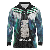 Aotearoa Korowai Motif Long Sleeve Polo Shirt Hei Tiki Poutama Maori Pattern LT14 Turquoise - Polynesian Pride