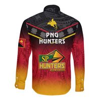 Papua New Guinea Rugby Long Sleeve Button Shirt PNG Hunters Polynesian Black LT14 - Polynesian Pride
