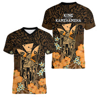 Polynesian Pride King Kamehameha Day Hawaii Women V Neck T Shirt Polynesia Tribal Kanaka And Hibiscus Gold LT14 - Polynesian Pride