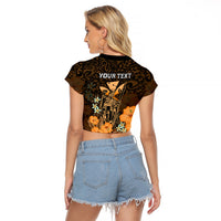 Personalised King Kamehameha Day Hawaii Raglan Cropped T Shirt Polynesia Tribal Kanaka And Hibiscus Gold LT14 - Polynesian Pride