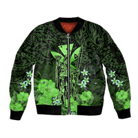 Personalised King Kamehameha Day Hawaii Sleeve Zip Bomber Jacket Polynesia Tribal Kanaka And Hibiscus Green LT14 Unisex Green - Polynesian Pride
