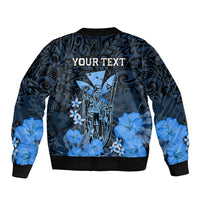 Personalised King Kamehameha Day Hawaii Sleeve Zip Bomber Jacket Polynesia Tribal Kanaka And Hibiscus Blue LT14 - Polynesian Pride