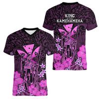 Polynesian Pride King Kamehameha Day Hawaii Women V Neck T Shirt Polynesia Tribal Kanaka And Hibiscus Pink LT14 - Polynesian Pride