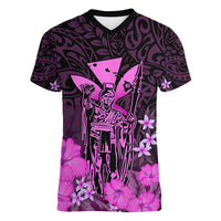 Personalised King Kamehameha Day Hawaii Women V Neck T Shirt Polynesia Tribal Kanaka And Hibiscus Pink LT14 Female Pink - Polynesian Pride