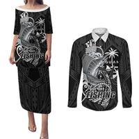 Guam Blue Marlin Fishing Couples Matching Puletasi and Long Sleeve Button Shirt Guahan Fish Hook Tattoo Black Version