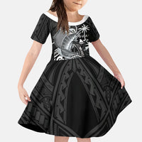 Guam Blue Marlin Fishing Family Matching Off The Shoulder Long Sleeve Dress and Hawaiian Shirt Guahan Fish Hook Tattoo Black Version