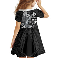 Guam Blue Marlin Fishing Family Matching Off The Shoulder Long Sleeve Dress and Hawaiian Shirt Guahan Fish Hook Tattoo Black Version