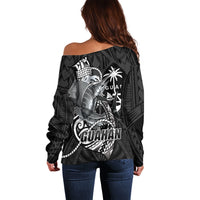 Guam Blue Marlin Fishing Off Shoulder Sweater Guahan Fish Hook Tattoo Black Version