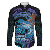 Personalised Blue Marlin Fishing New Zealand Family Matching Off Shoulder Short Dress and Hawaiian Shirt NZ Kiwi Cowboy Born To Fish LT14 Dad's Shirt - Long Sleeve Purple - Polynesian Pride