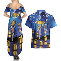 Japan Obon Festival Couples Matching Summer Maxi Dress and Hawaiian Shirt Sakura Lanterns With Bon Dance - Polynesian Pride
