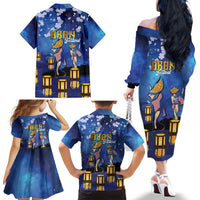 Japan Obon Festival Family Matching Off The Shoulder Long Sleeve Dress and Hawaiian Shirt Sakura Lanterns With Bon Dance - Polynesian Pride