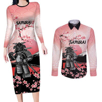 Personalised Japan Samurai Warrior Couples Matching Long Sleeve Bodycon Dress and Long Sleeve Button Shirt Japanese Cherry Blossom Polynesian Pattern LT14 Pink - Polynesian Pride
