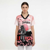 Personalised Japan Samurai Warrior Scrub Top Japanese Cherry Blossom Polynesian Pattern - Polynesian Pride