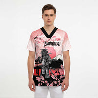 Personalised Japan Samurai Warrior Scrub Top Japanese Cherry Blossom Polynesian Pattern - Polynesian Pride