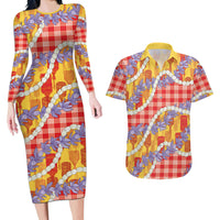 Hawaii Kahili Palaka Motifs Couples Matching Long Sleeve Bodycon Dress and Hawaiian Shirt Hawaiian Honohono Pikake Lei