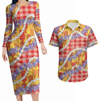 Hawaii Kahili Palaka Motifs Couples Matching Long Sleeve Bodycon Dress and Hawaiian Shirt Hawaiian Honohono Pikake Lei LT14 Red - Polynesian Pride