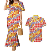 Hawaii Kahili Palaka Motifs Couples Matching Mermaid Dress and Hawaiian Shirt Hawaiian Honohono Pikake Lei